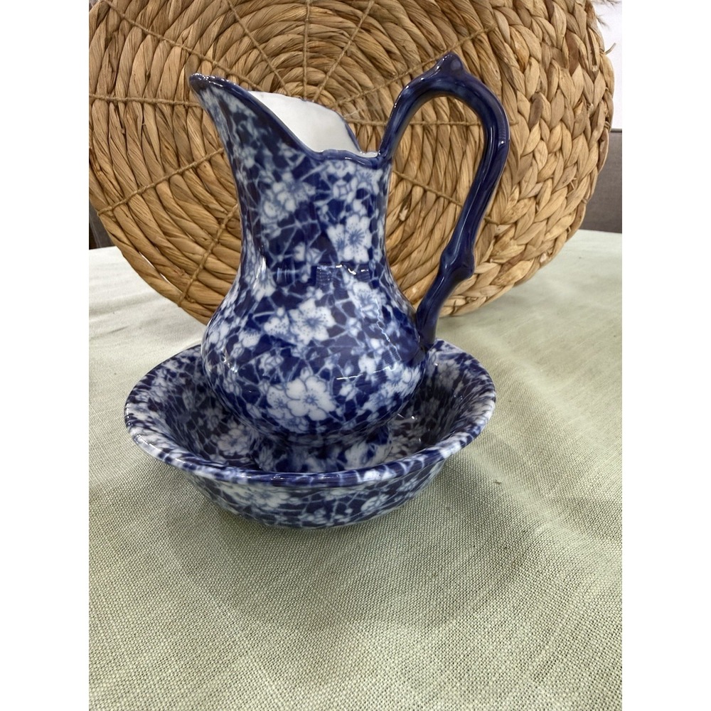 Antique Victorian Ware Vintage Blue Floral Chintz With Water Pitcher And Bowl